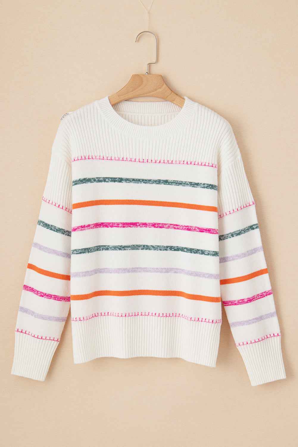 Black Colorful Striped Ribbed Trim Round Neck Sweater a2d22af19ce26535