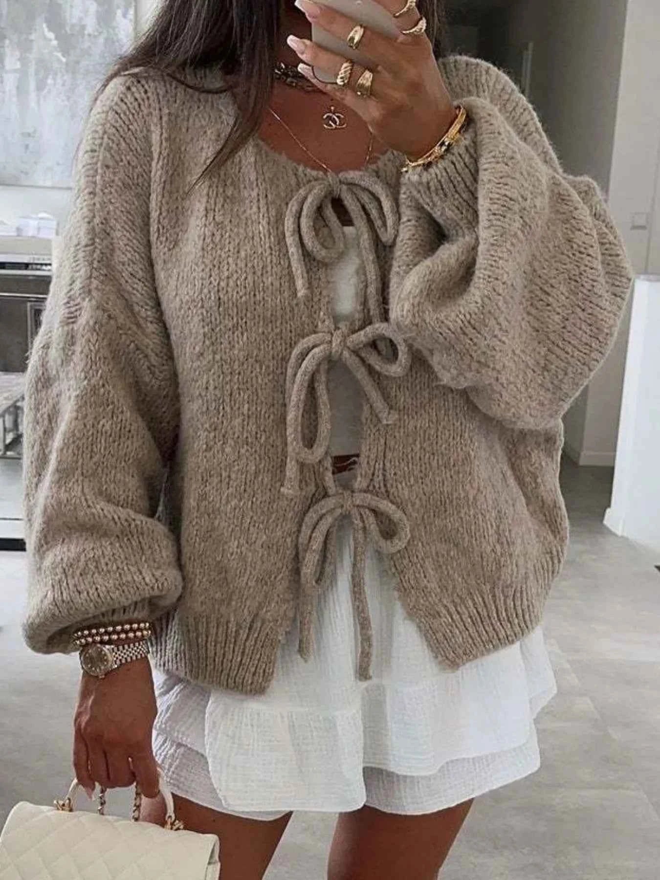 Cozy Bow-Tie Front Knit Cardigan Khaki a33ffc4e-bbde-427b-8088-53ba51f31d4e-Max-Origin