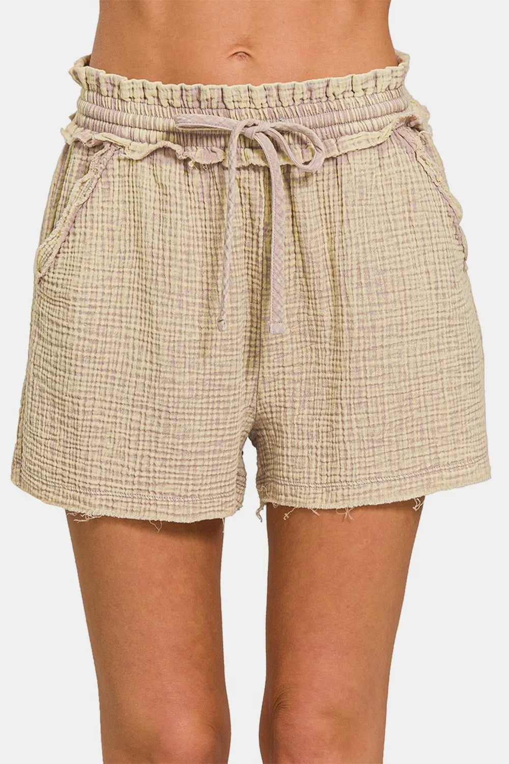 Zenana Washed Frayed Hem Drawstring Shorts Ash Mocha a34457e8-0ca2-4431-96a8-47f0abeba489-Max