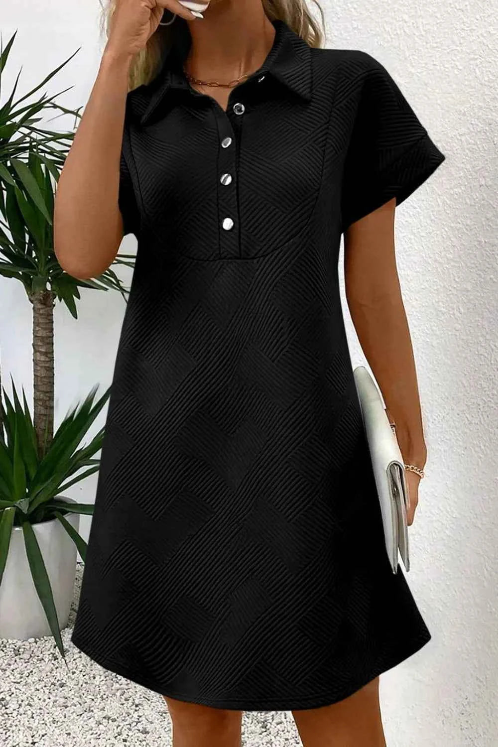 Button Front Short Sleeve Mini Dress Black a3b91661-a3a5-4d28-9da7-e2170a68cee7-Max-Origin