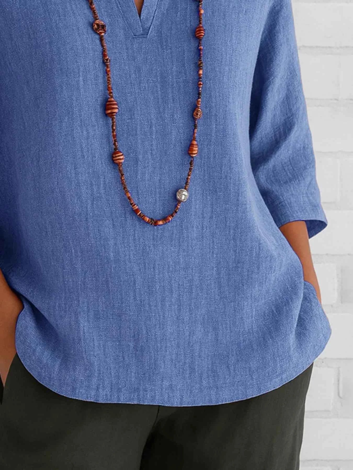 Full Size Notched Three-Quarter Sleeves Blouse Plus Size a3d00a28-f804-40d0-8733-ec7c83299452-Max-Origin