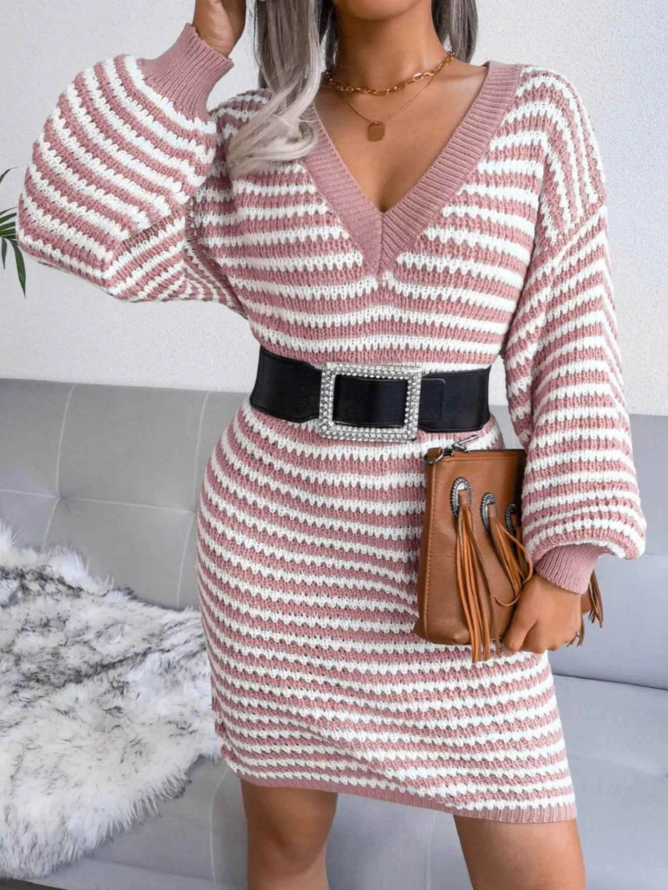 Striped V-Neck Long Sleeve Sweater Dress a42264fb-dd71-4700-b5e0-e56a192b4173-Max-Origin