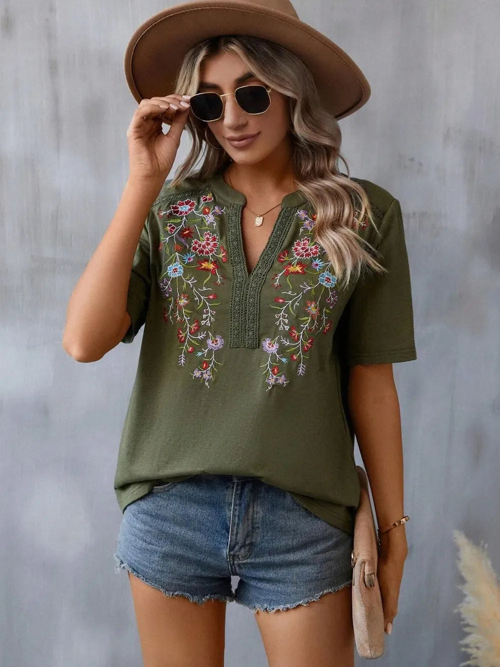 Embroidered Notched Short Sleeve T-Shirt Army Green a4303b3c-5215-419e-9740-73e7f05ab8a5-Max