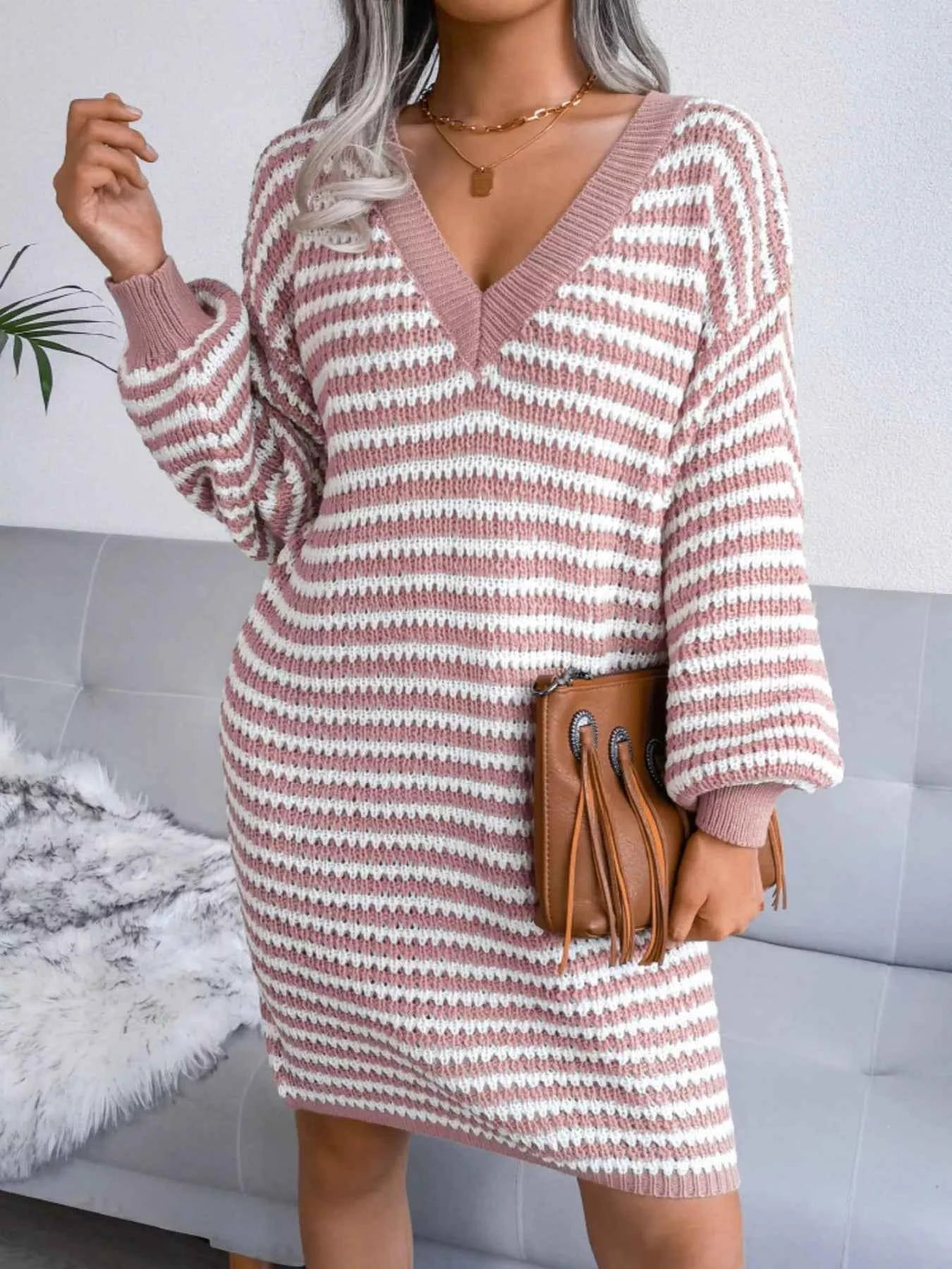 Striped V-Neck Long Sleeve Sweater Dress a4ab6945-a8c7-49a5-8dfb-7b518e29e529-Max-Origin