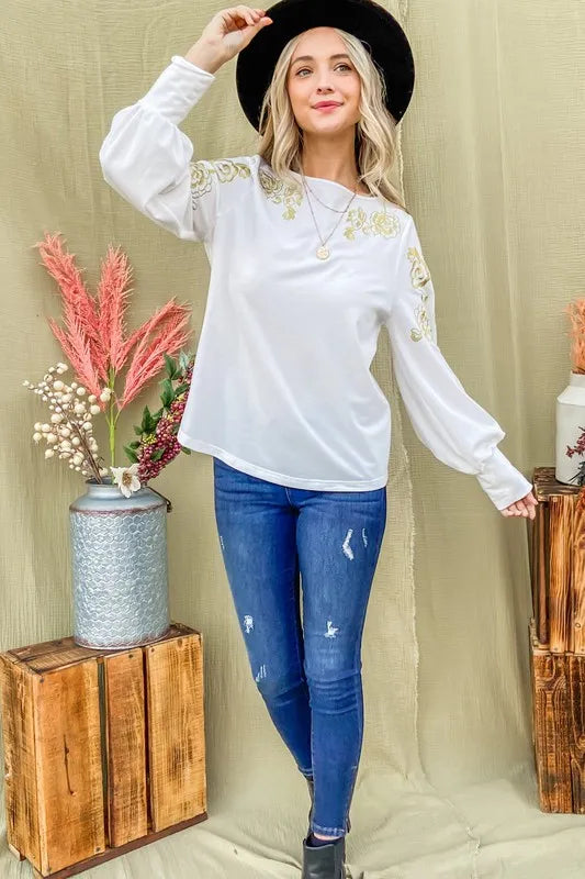 And The Why Flower Gold Embroidery Shoulder Detailed Top a4b12ff5f9aa44d986d73d58115b0fad-Max-Origin