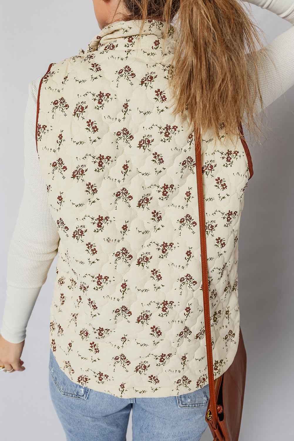 Apricot Floral Print Zip Up Quilted Warm Vest a4b9dc25a981d467