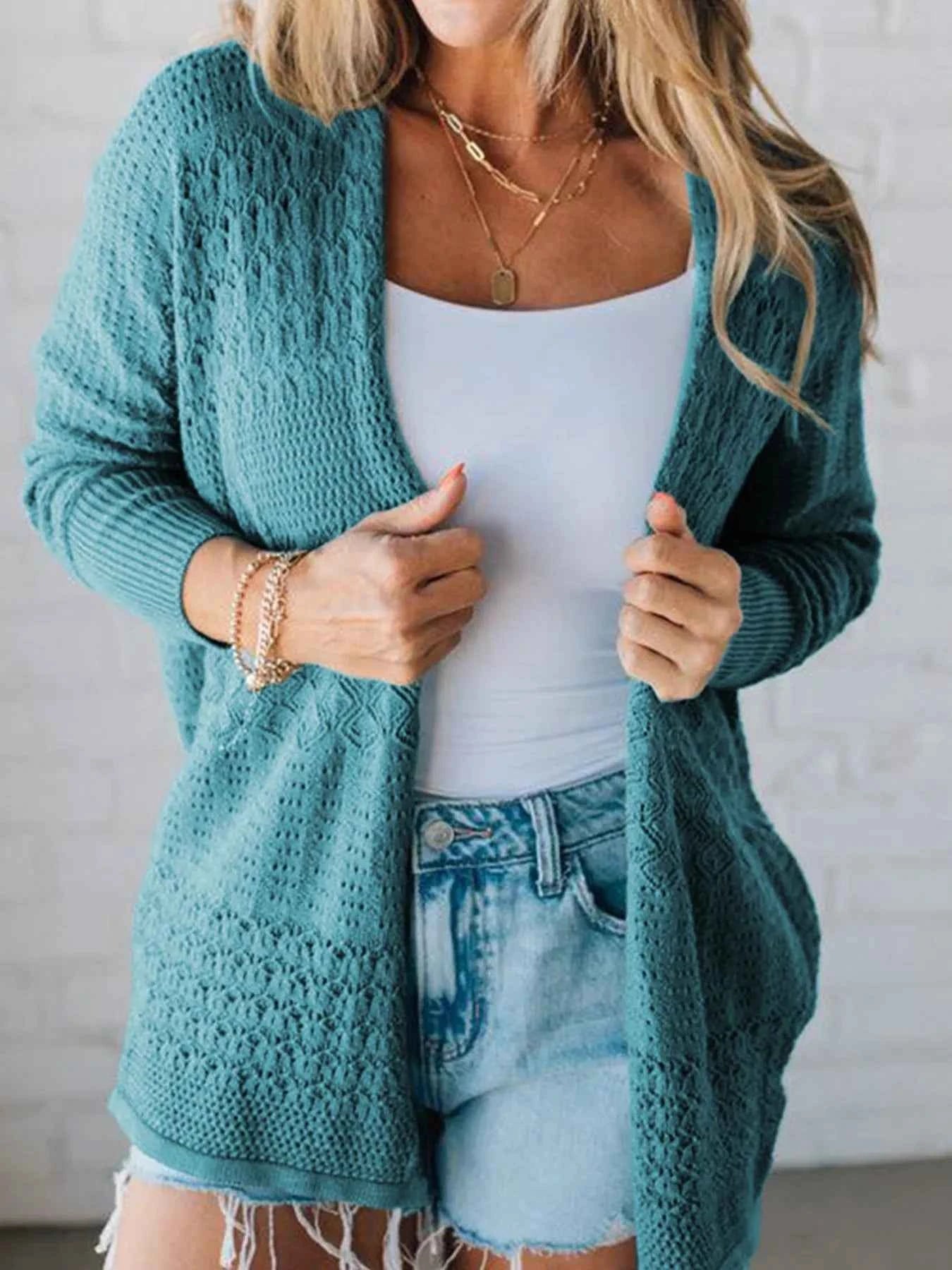 Open Front Knitted Cardigan with Eyelet Details Teal a4d5aa0b-25c2-413c-b7ef-a7223f3b16c3-Max-Origin