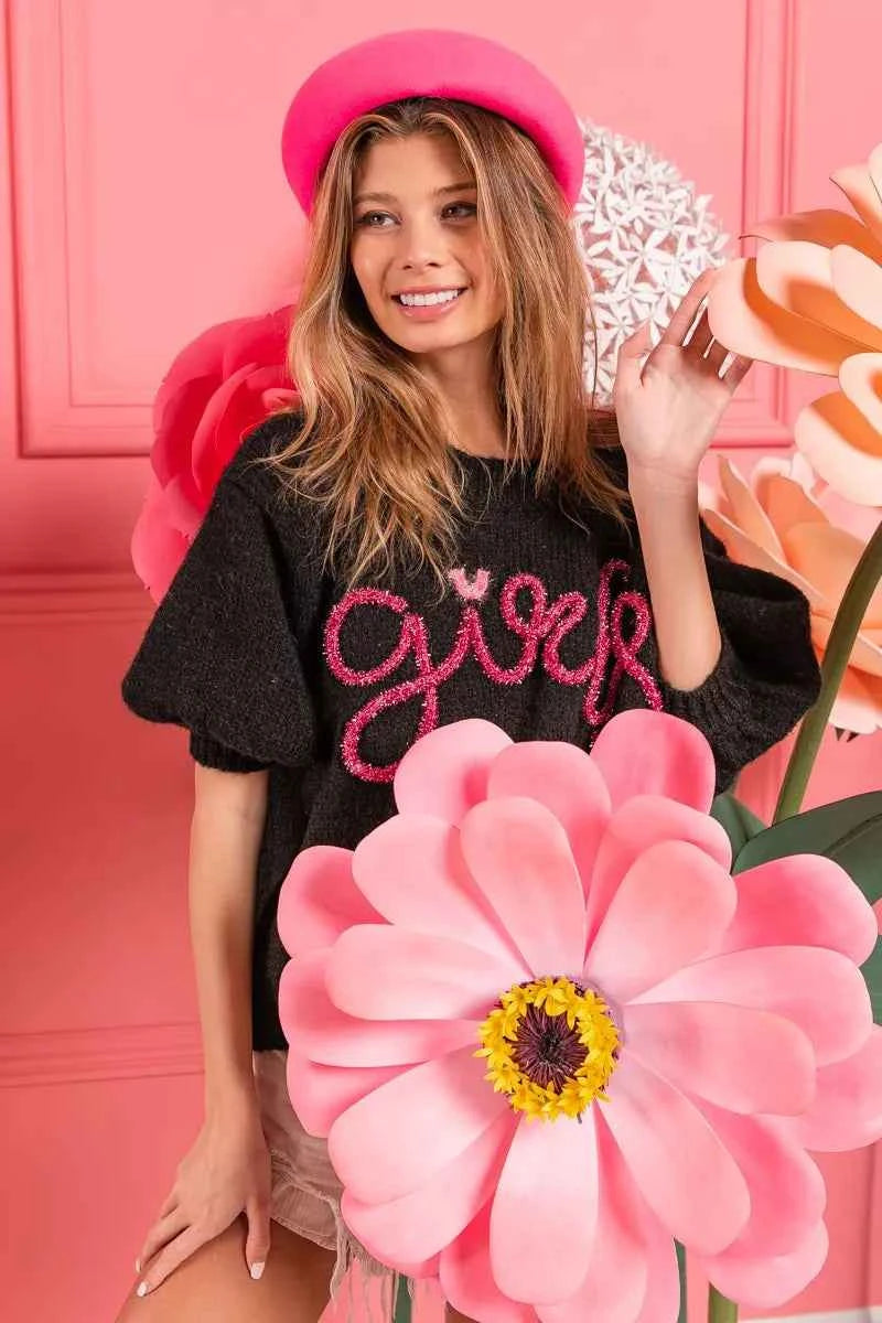 BiBi Metallic Letter Short Puff Sleeve Hairy Sweater a4daac2b-c1e5-44e4-a723-3fa6878545ba-Max-Origin