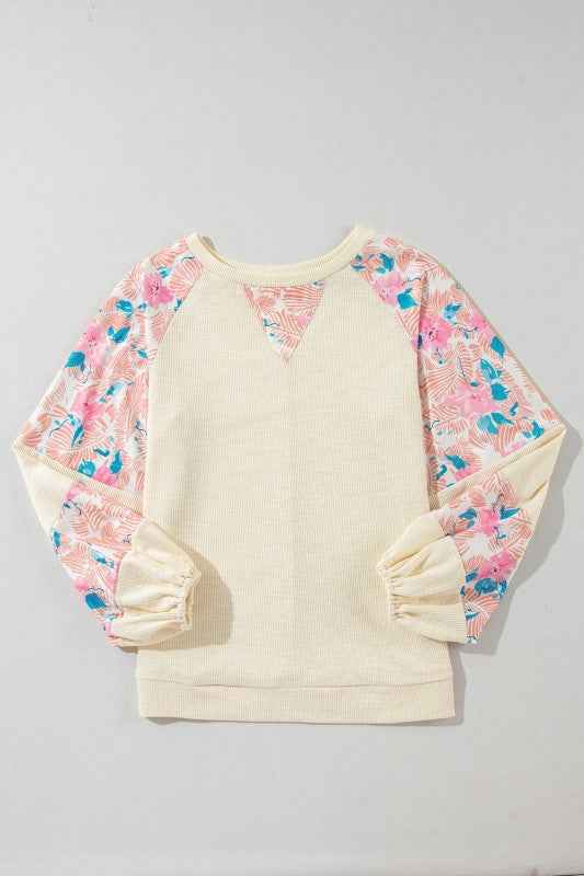 Floral Patchwork Balloon Sleeve Textured Blouse a4f7821f-e77d-40a9-98a9-018fa11b92b7
