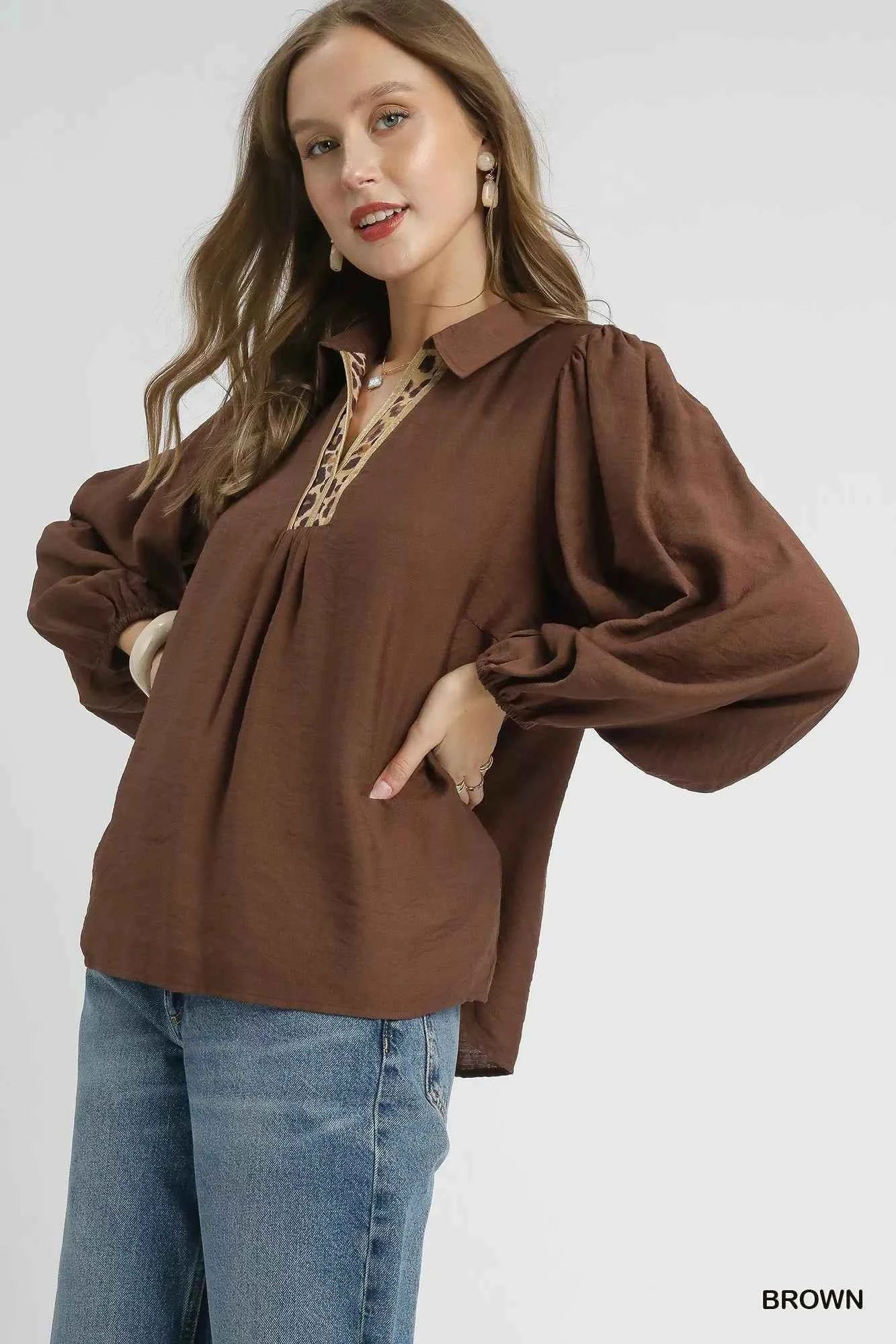 Umgee Long Sleeve Blouse with Leopard Print Trim a51fc15b-5c6c-441d-8202-001b638ef637-Max-Origin