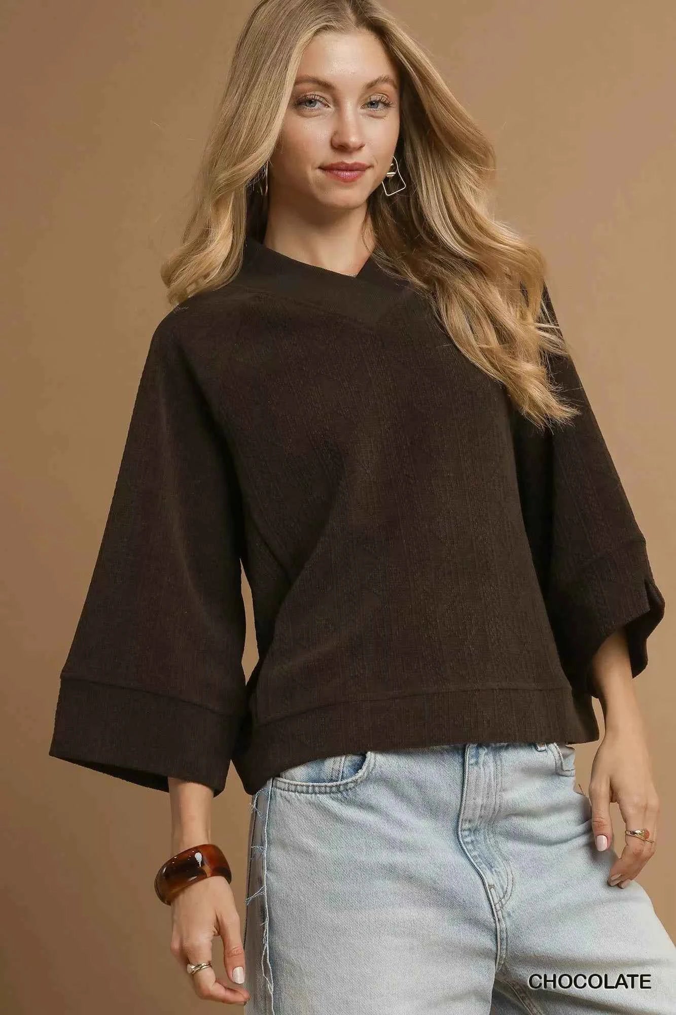 Umgee Textured Knit V-Neck Top CHOCOLATE a526e54d-268f-406c-bb1c-de9e06282c11-Max-Origin