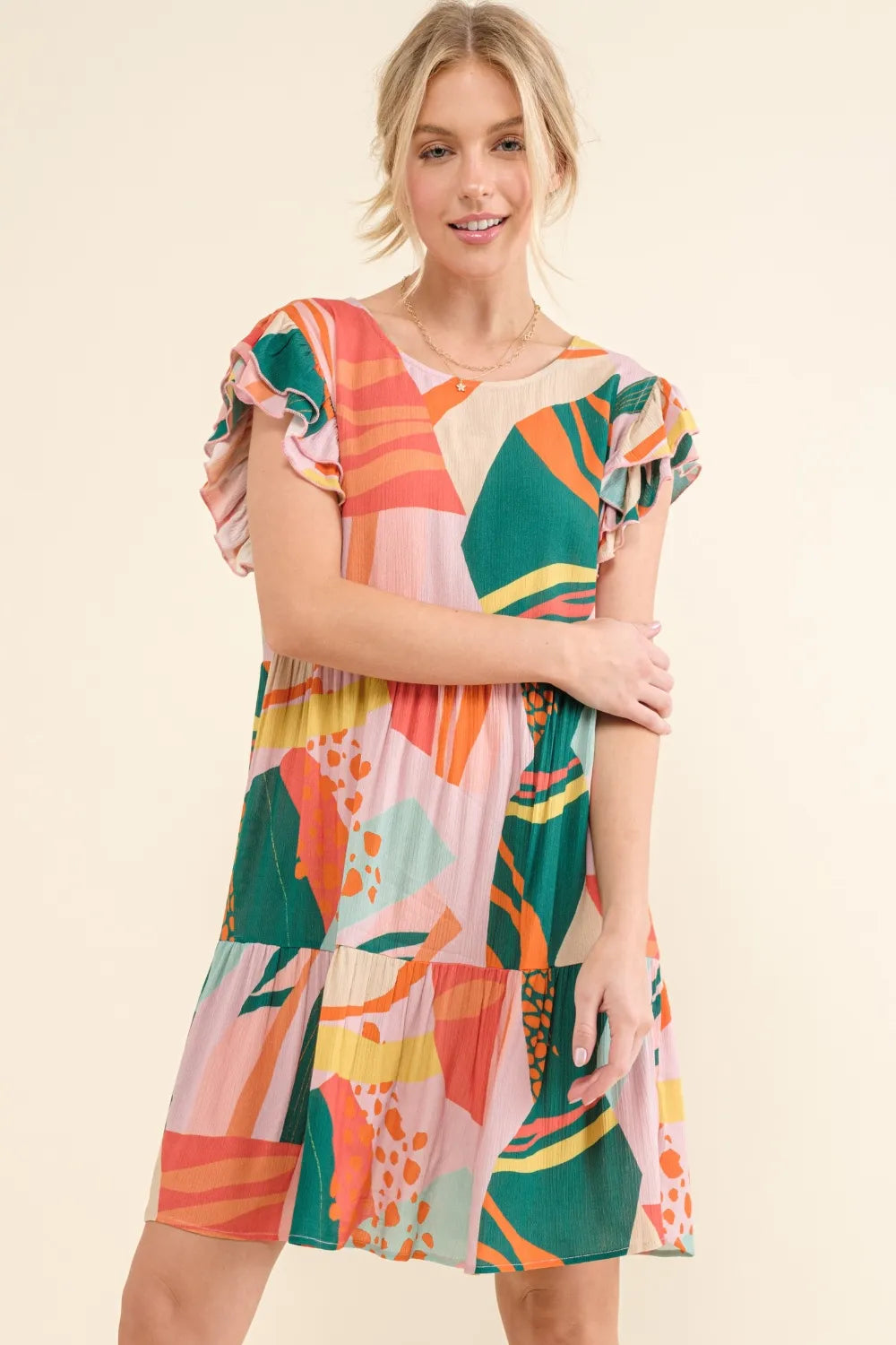 And The Why Printed Double Ruffle Sleeve Dress GREENERY a539c960-5f20-4df5-bbaf-79df50bddcbe-Max