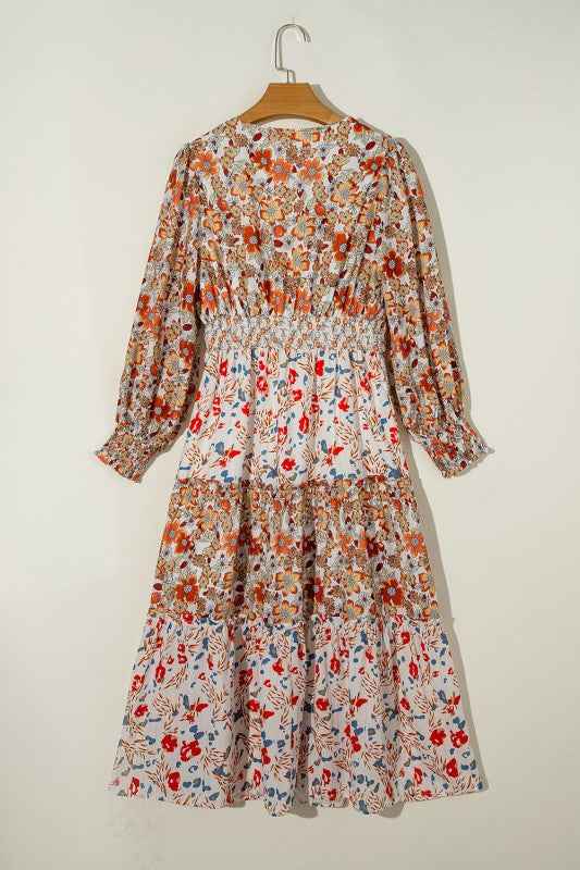 Floral V-Neck Ruffle Long Sleeve Midi Dress a5ee6823-ceb6-417b-87a4-661317ee21e9