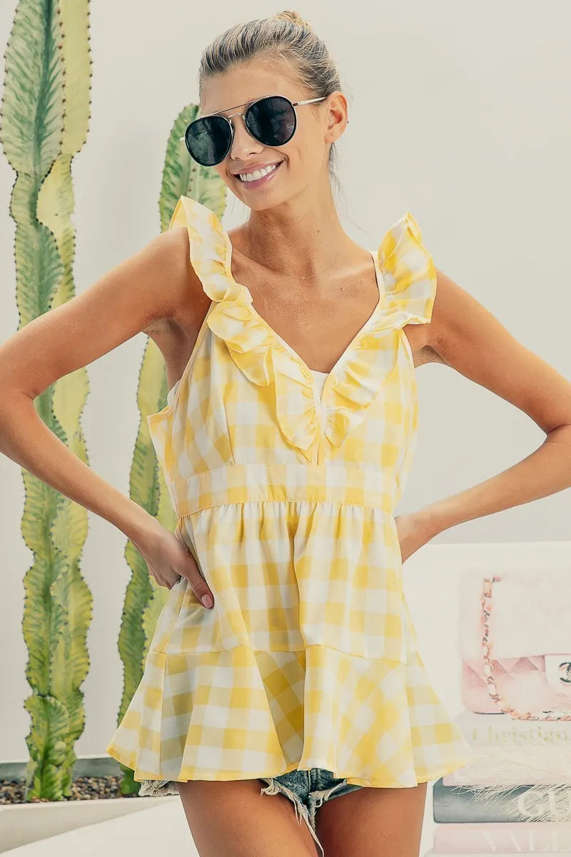 BiBi Ruffled Neckline Sleeveless Check Plaid Peplum Top a60cbe0f935f43bf8b77aff513d8f614-Max-Origin