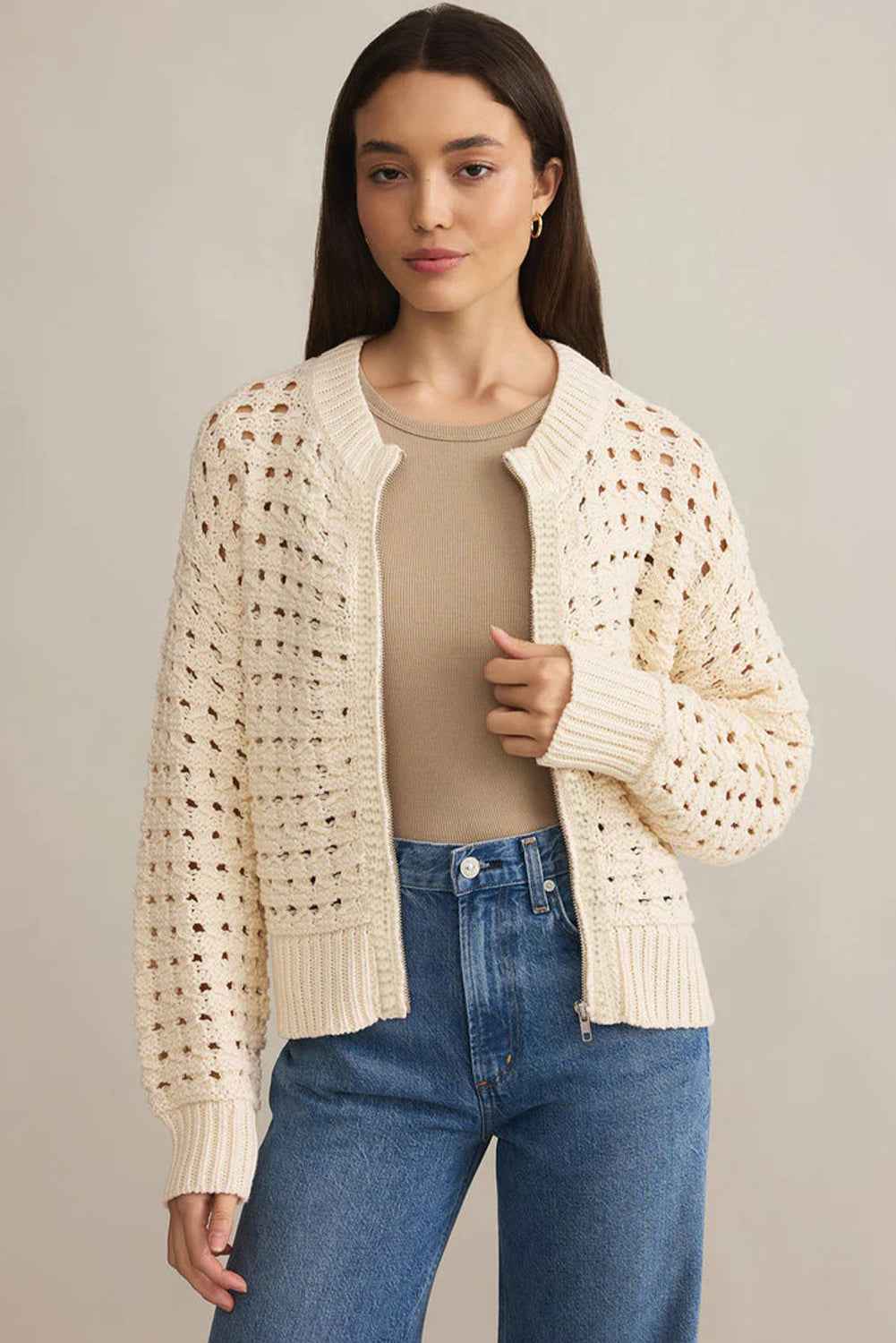 Beige Hollowed Pattern Knit Zip Up Drop Shoulder Cardigan a63cb941b5fb90e3