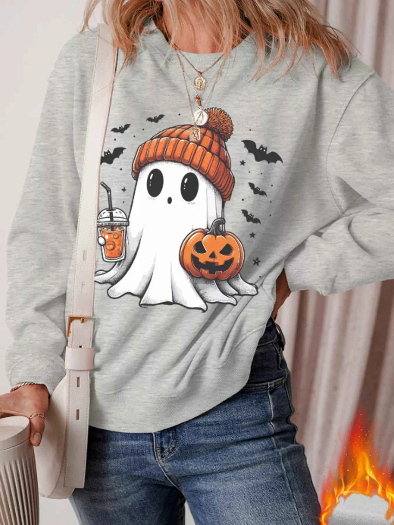 Halloween Ghost Round Neck Sweatshirt Gray a7448e38e24642cfb13a6a0c8fef8273-Max-Origin