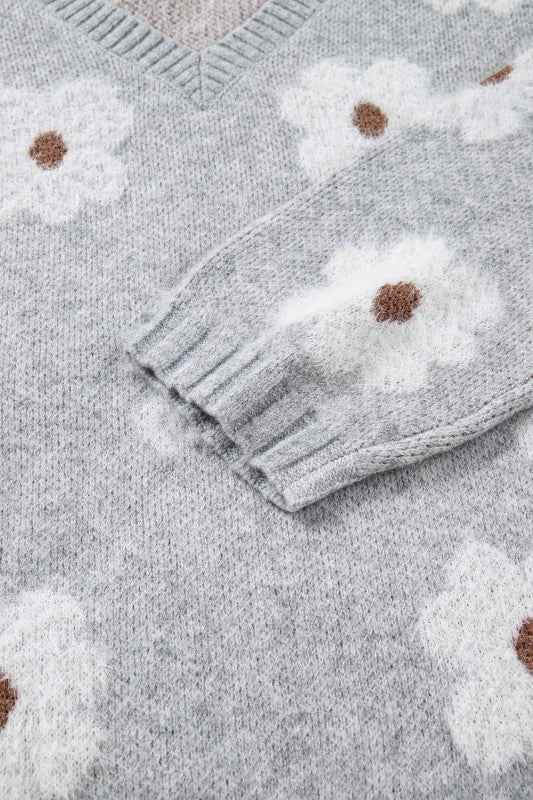 Floral V-Neck Drop Shoulder Baggy Sweater a7495063-238d-4f21-97ed-3886b3b7b018