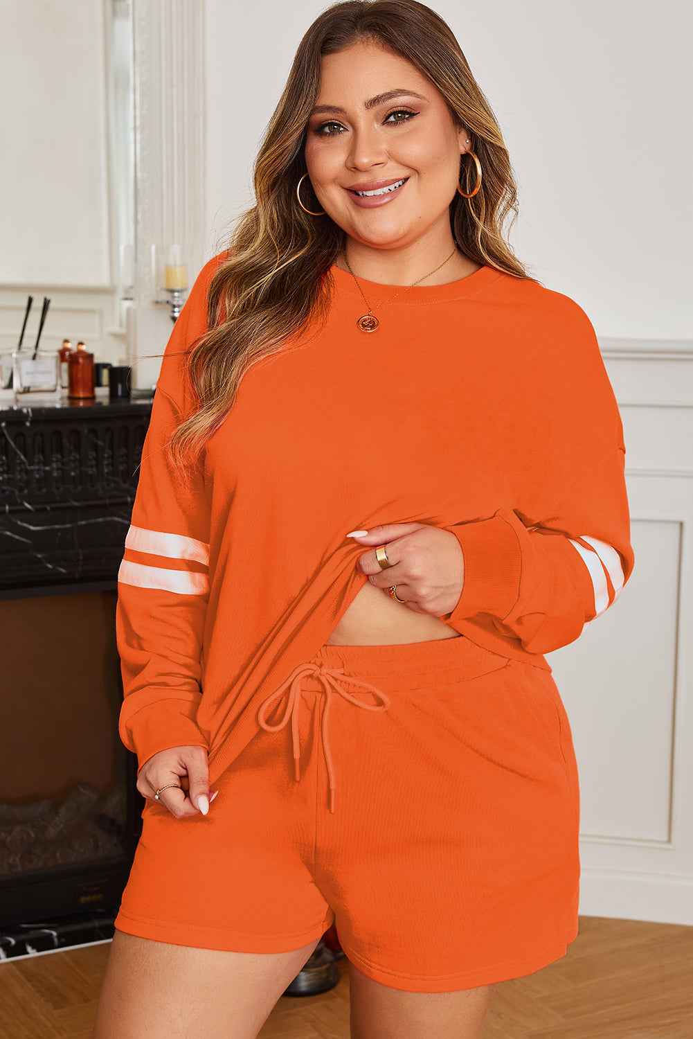 Orange Plus Size Varsity Striped Sleeve Sweatshirt and Shorts Set a763dc6d34aa3519