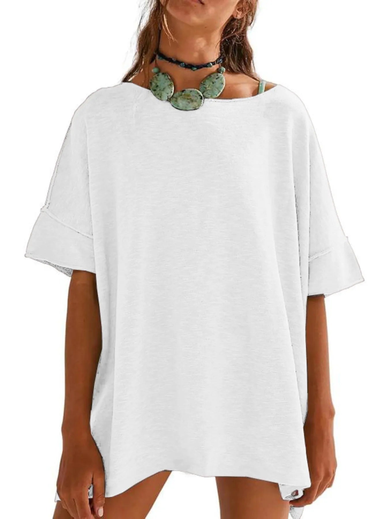 Oversized Round Neck Drop-Shoulder T-Shirt White a8199d5e0f11434787e5ef8717267273-Max-Origin