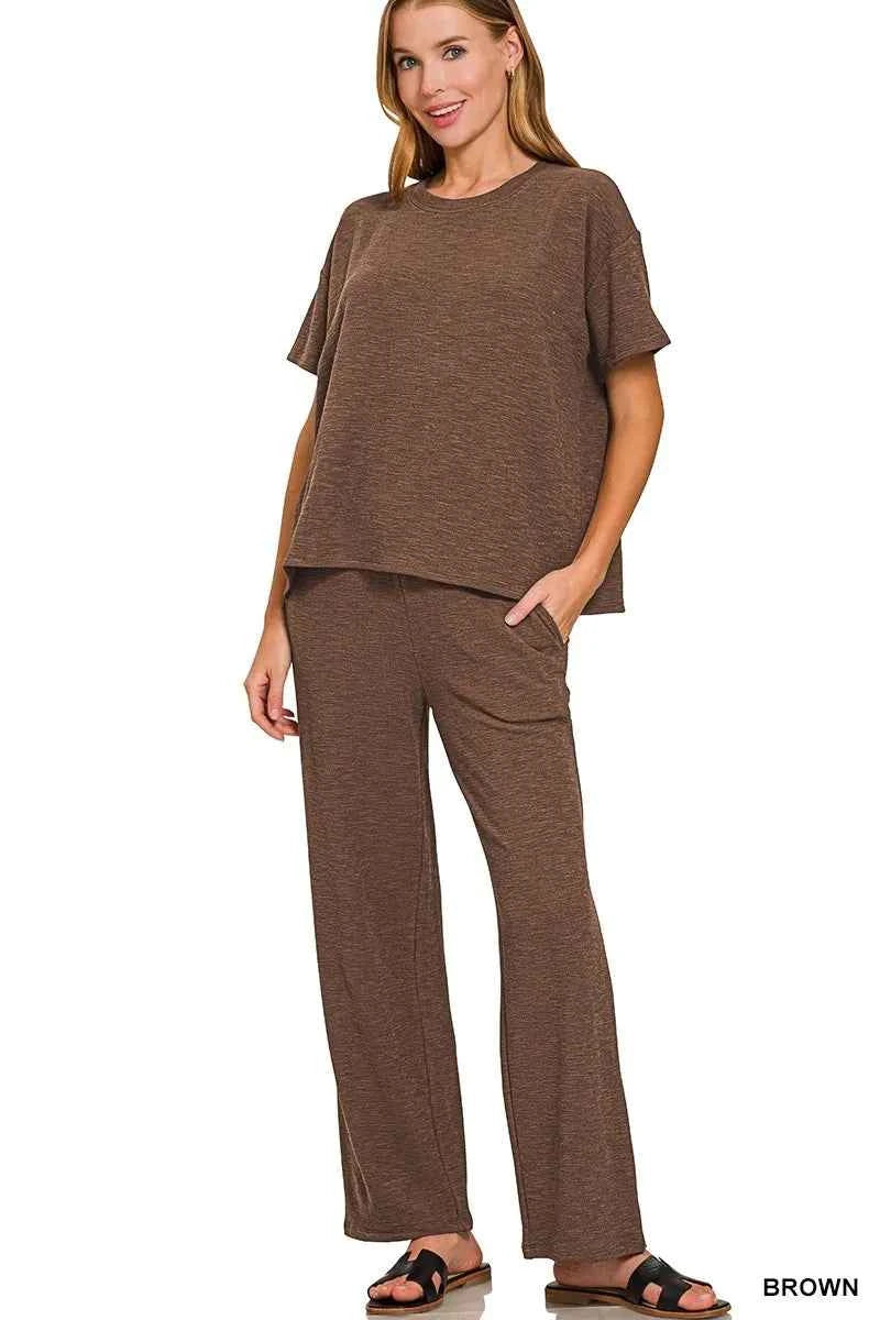 Zenana Slub Short Sleeve T-Shirt and Pants Set BROWN a81a26f80e3f4715a430e4351b4c0b62-Max-Origin