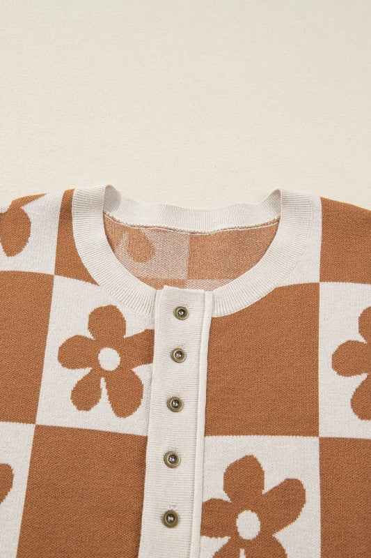 Flower Checker Henley Baggy Sweater