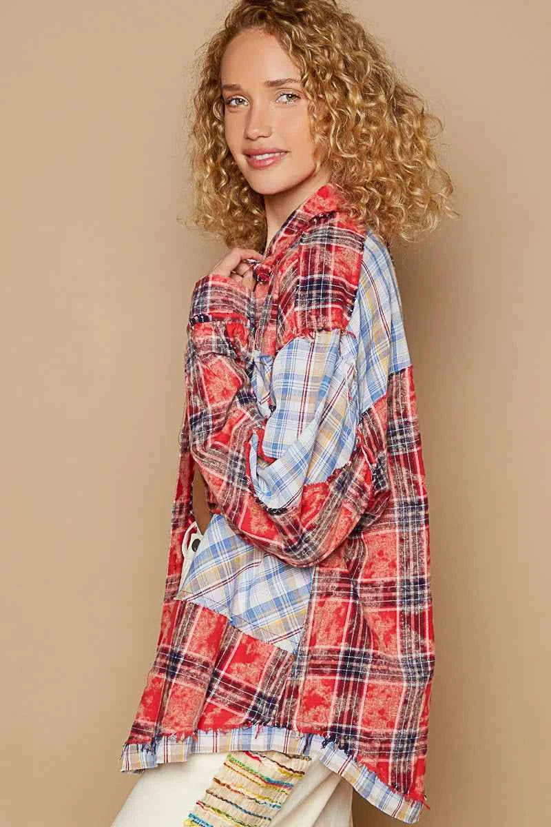 POL Plaid Patchwork Long Sleeve Shirt with Raw Edge Detail a83c7ce6-c3db-474f-836e-5a22d930f263-Max-Origin