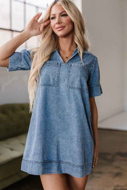 Solid Denim Collared Patch Pocket Mini Dress a895bfd0-2c07-4daf-ab1d-919bc865ab35