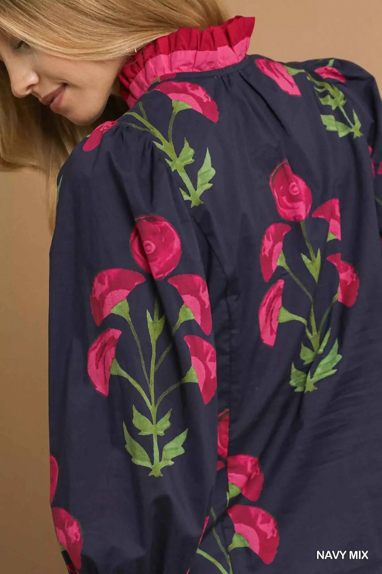 Umgee Floral Print Ruffle Trim Puff Sleeve Blouse a8f2f658-dd72-477e-a955-9f5b5cc3f32a-Max-Origin