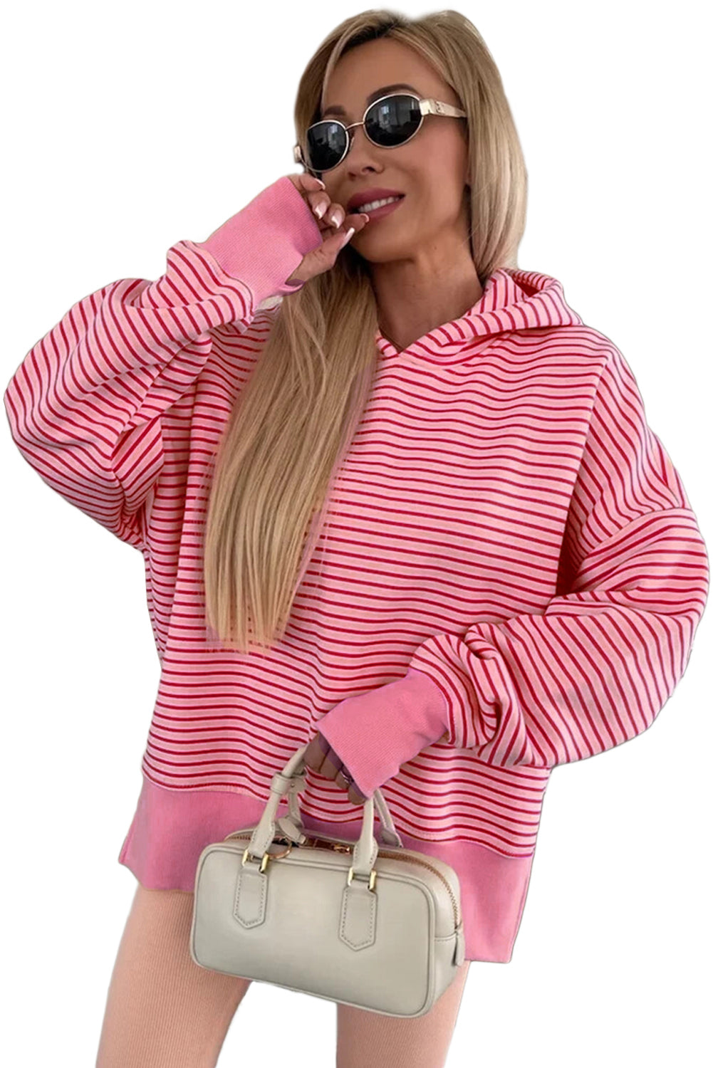 Rose Stripe Thumbhole Side Slits Drop Shoulder Loose Fit Hoodie a907d9f652be7422