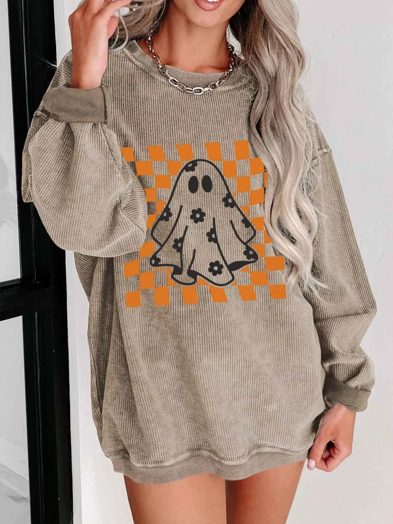 Halloween Checkerboard Floral Ghost Graphic Corded Sweatshirt a9085b97-5ef9-4613-aaf9-64b649826745-Max-Origin