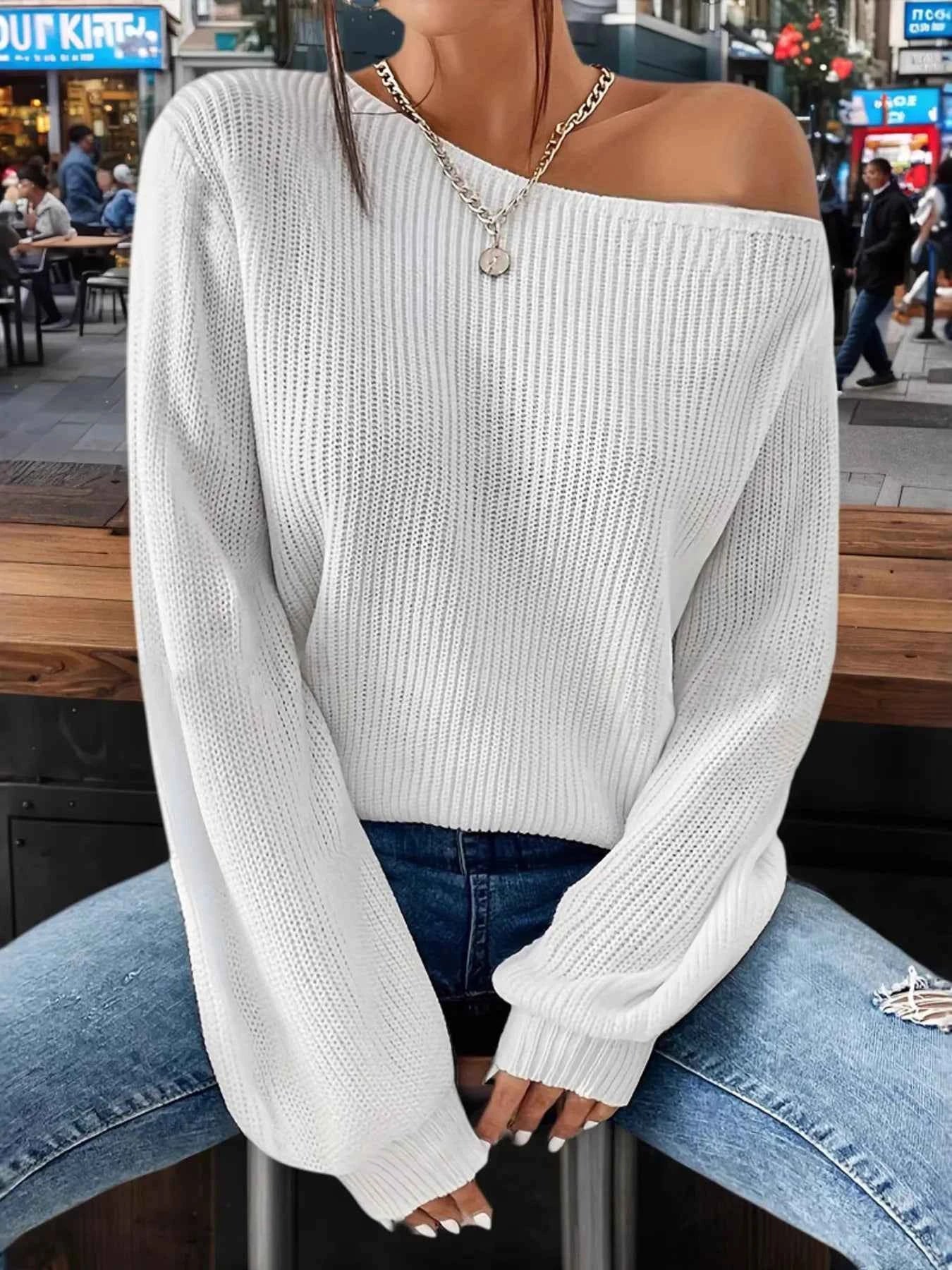 One-Shoulder Ribbed Knit Top with Relaxed Fit White a91433f246d342e2afd41f63f16ed920-Max-Origin