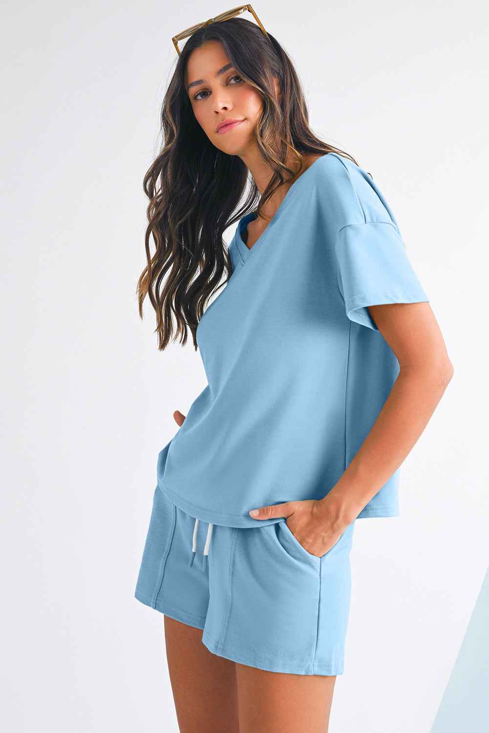 Mint Green V Neck Drop Shoulder Tee and Patchwork Shorts Set a915b2444696e8ce