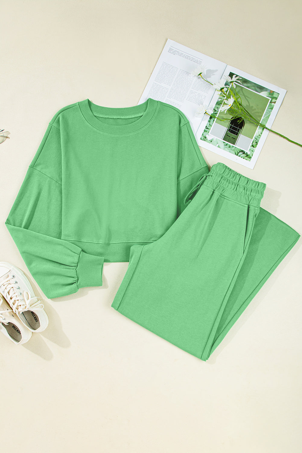Bright Green Drop Shoulder Crop Pullover Drawstring Wide Leg Pants Set a916fe2e86ab09fa