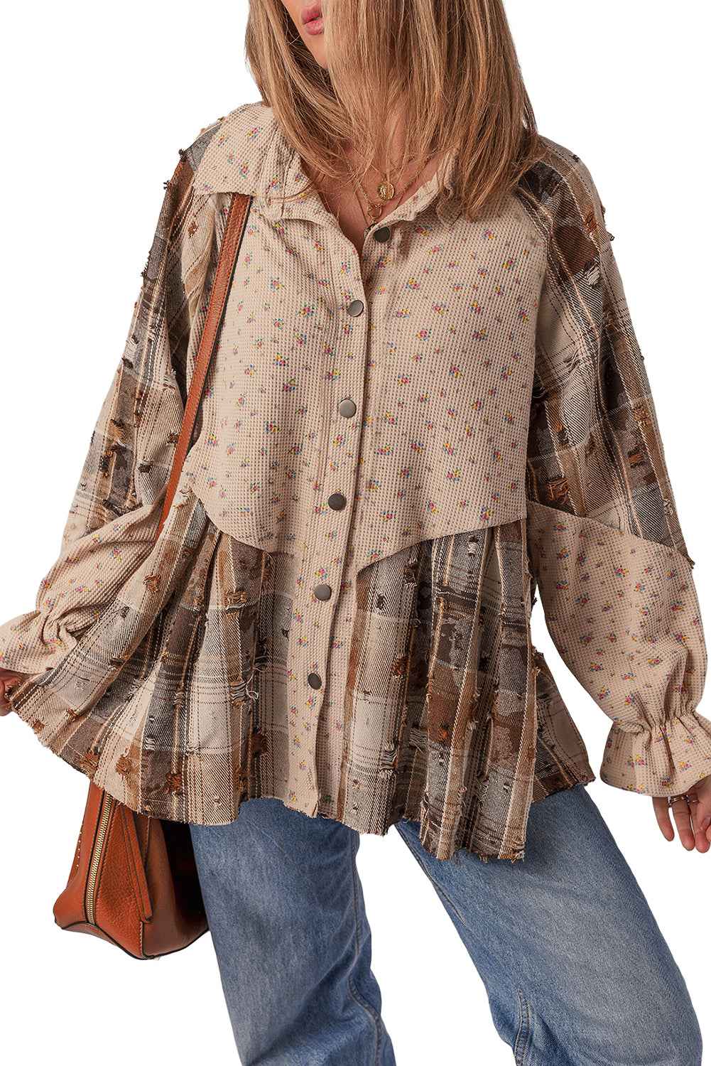 Ashleigh Blue Floral Plaid Patchwork Waffle Distressed Jacket a91bf078aa4e0f94