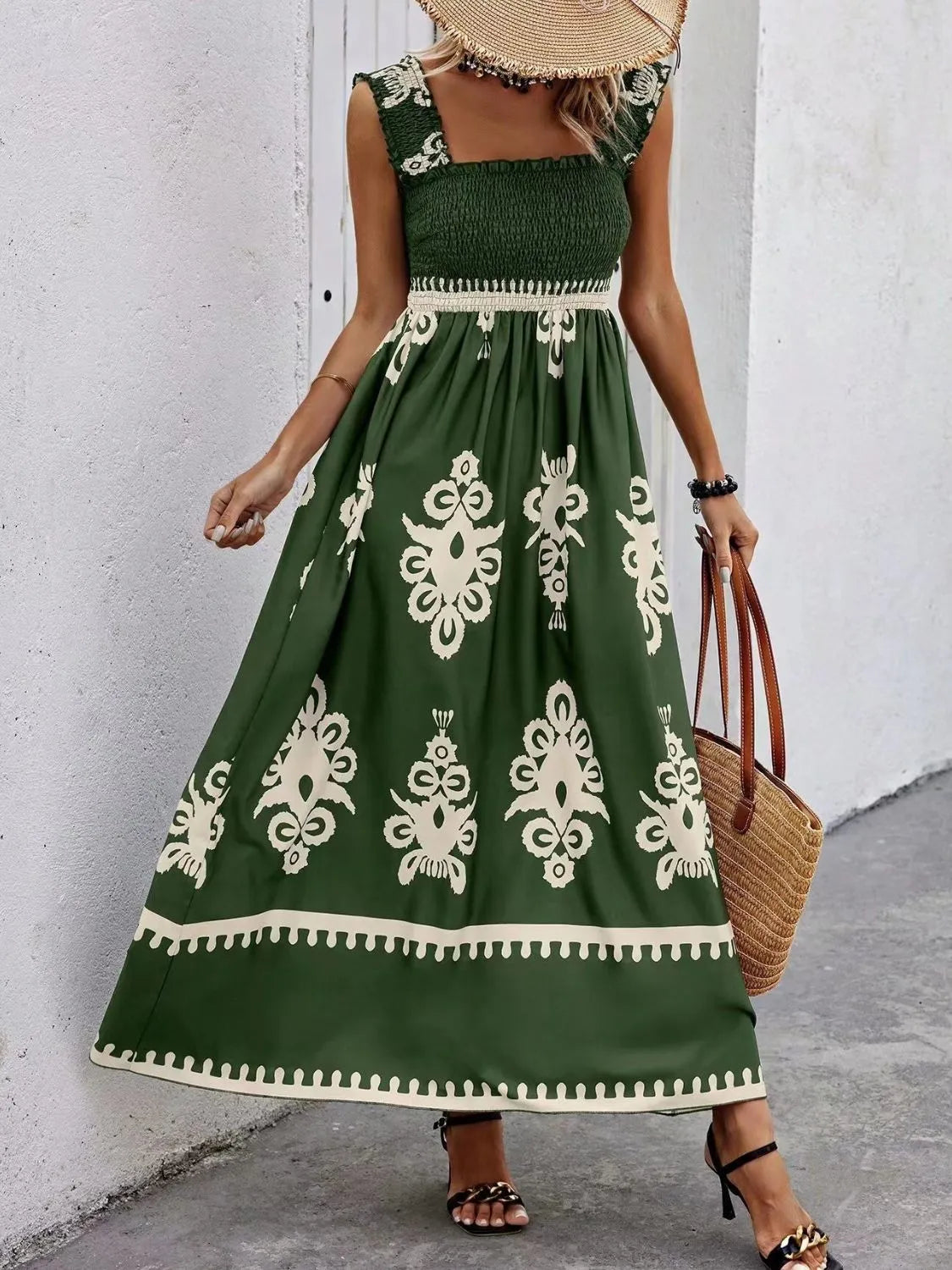 Smocked Printed Wide Strap Maxi Dress Dark Green a960fd34-738c-4522-a675-322714440535-Max-Origin