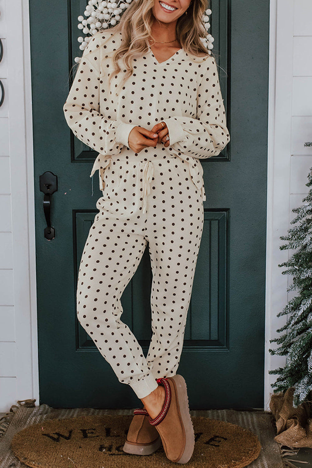 White Polka Dot Print Pullover Drawstring Jogger Pants Pajama Set a98d8553064e7c94