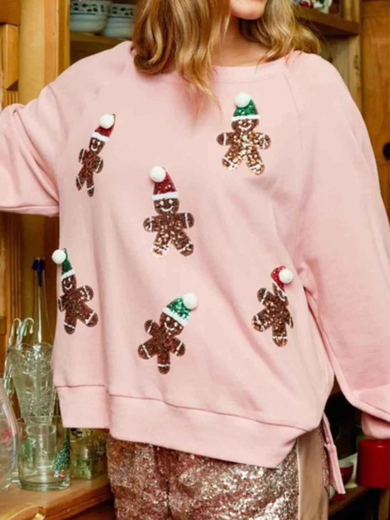 Christmas Sequin Gingerbread Round Neck Sweatshirt Pink a9970fc9-1373-4faa-8003-6e776e3e8ce5-Max-Origin
