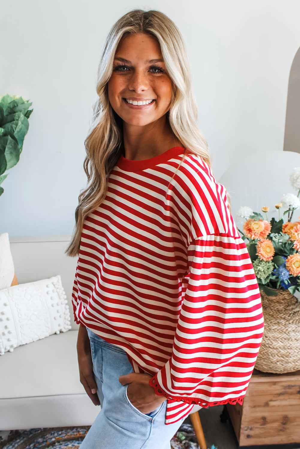 Sachet Pink Striped Round Neck Contrast Trim Bell Sleeve Top a9a72e1ef262bf71