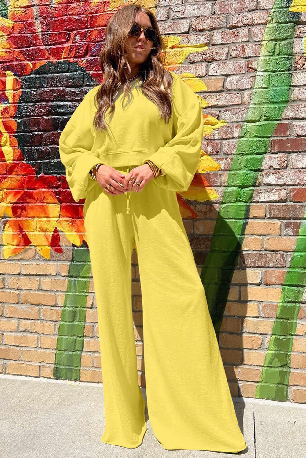 Bright Green Drop Shoulder Crop Pullover Drawstring Wide Leg Pants Set a9c9d7e6e71185cd