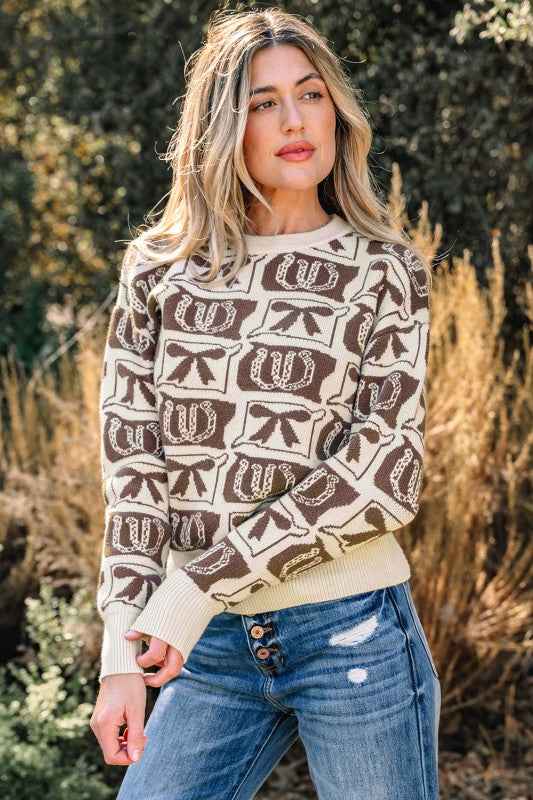Western Bows & Horseshoes Long Sleeve Sweater a9e17dd8-21ad-4e21-8243-755b8061c1b8