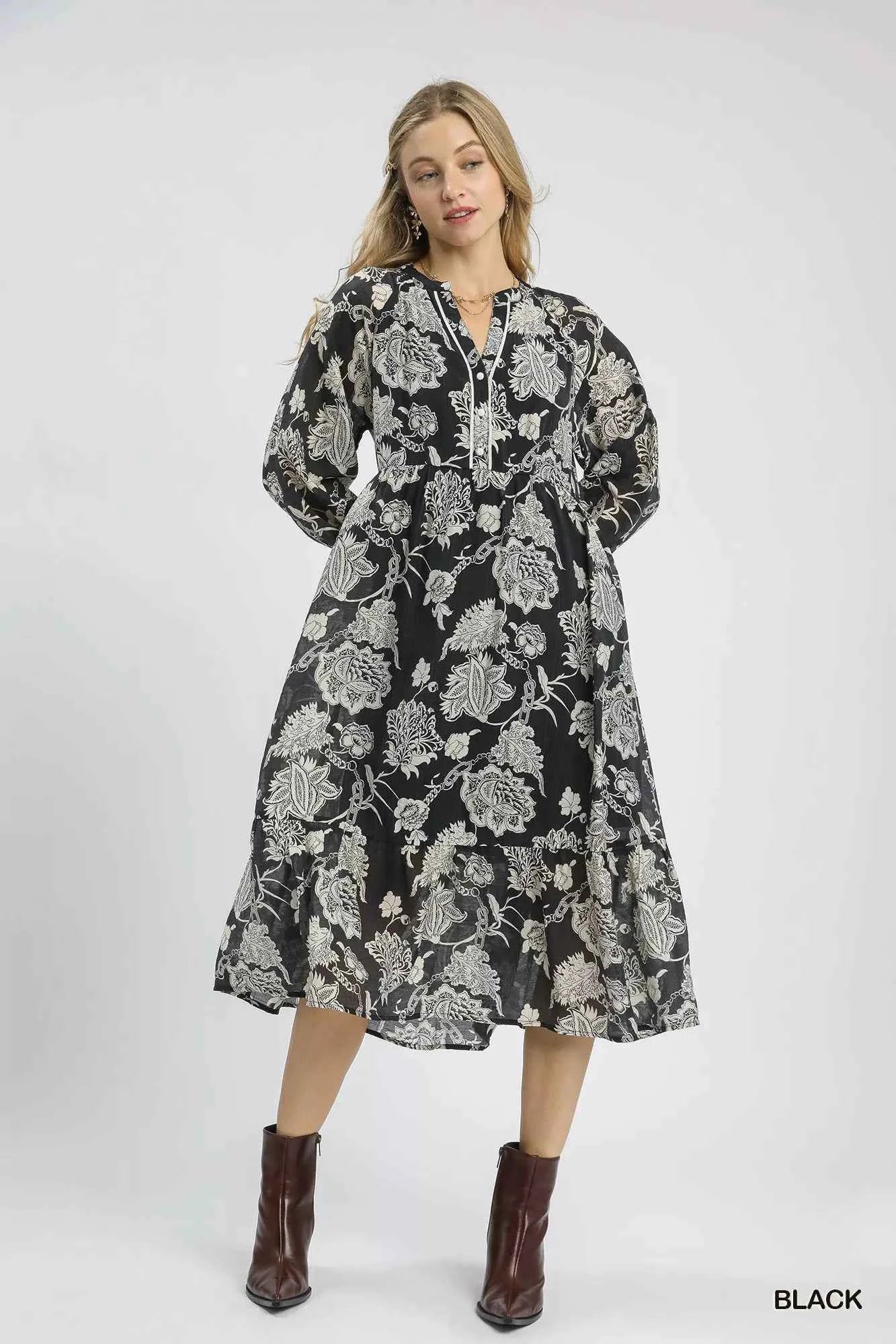 Umgee Floral Print Boho Midi Dress
