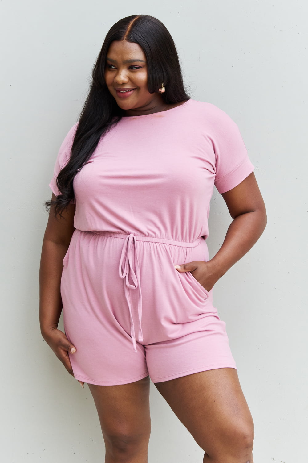 Zenana Chilled Out Full Size Short Sleeve Romper in Light Carnation Pink aaf69901585c4d5dbec7daf90d406342-Max