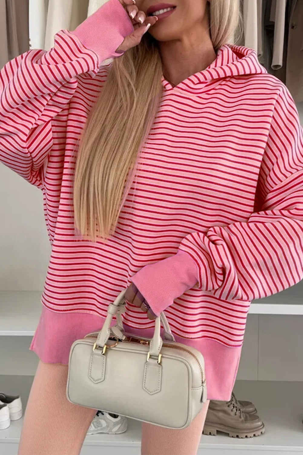 Rose Stripe Thumbhole Side Slits Drop Shoulder Loose Fit Hoodie Rose Stripe 95%Cotton+5%Elastane aafffd788263307f
