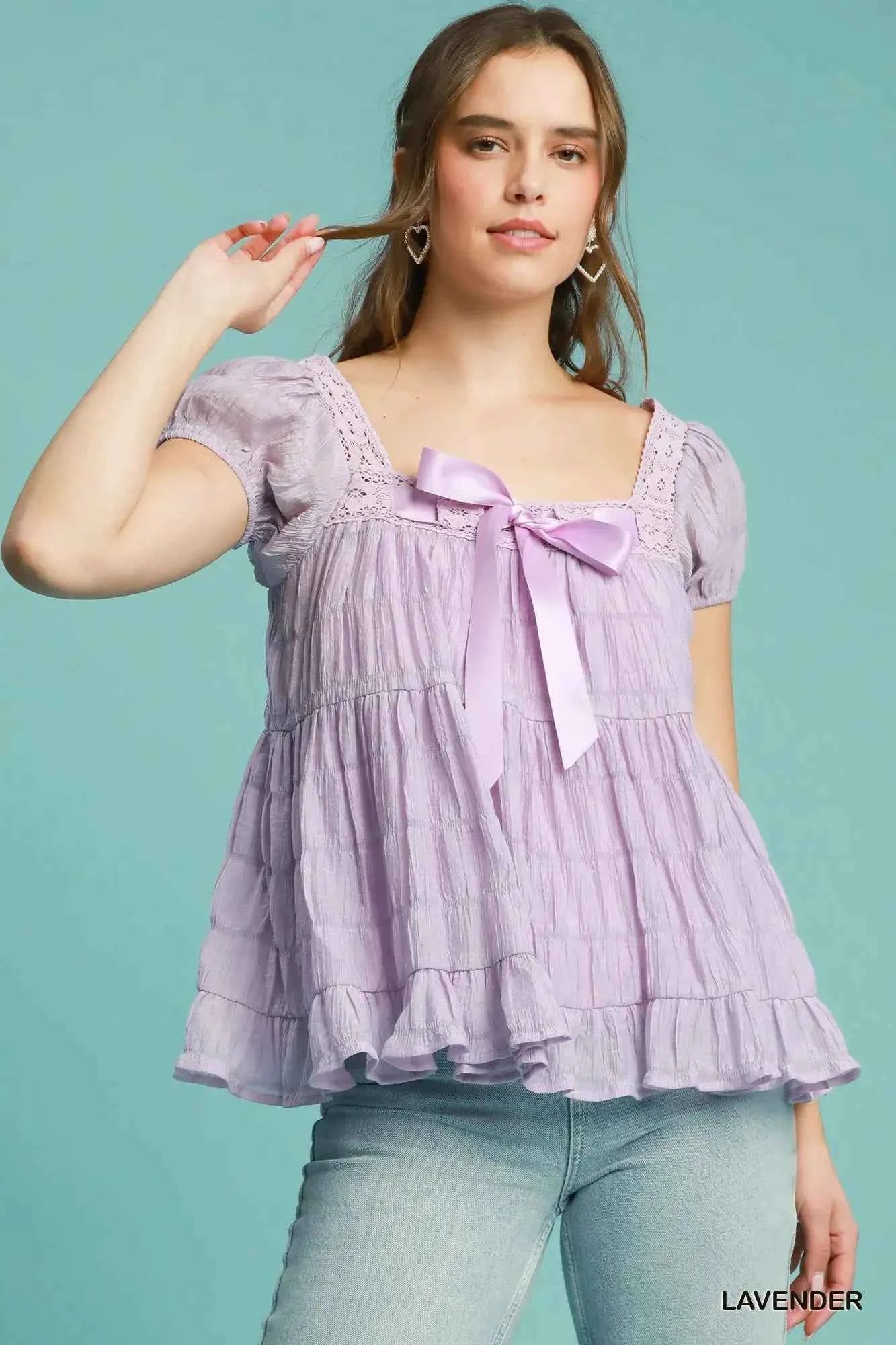 Umgee Textured Square Neck Bow Tie Blouse with Ruffle Hem Lavender ab182462-fd02-4717-8010-973464838f6f-Max-Origin