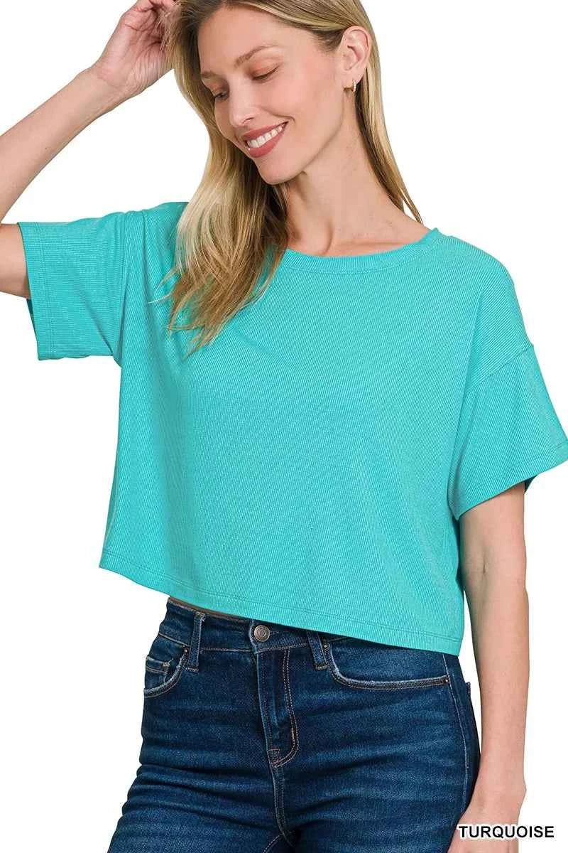 Zenana Ribbed Round-Neck Crop T-Shirt TURQUOISE ab1f63c45a4e4b2b8cac7b8970a5a7d9-Max-Origin