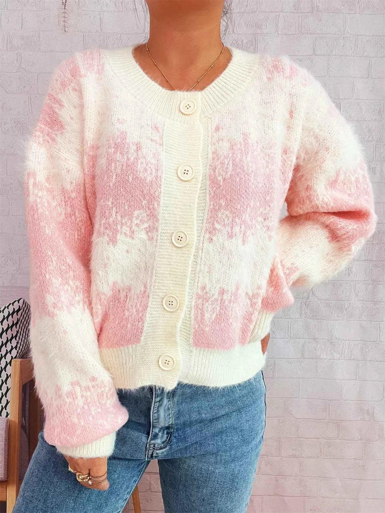 Ribbed Hem Button Up Cardigan Pink One Size ab81507db1f742fc9c62d39c2cab6049-Max-Origin