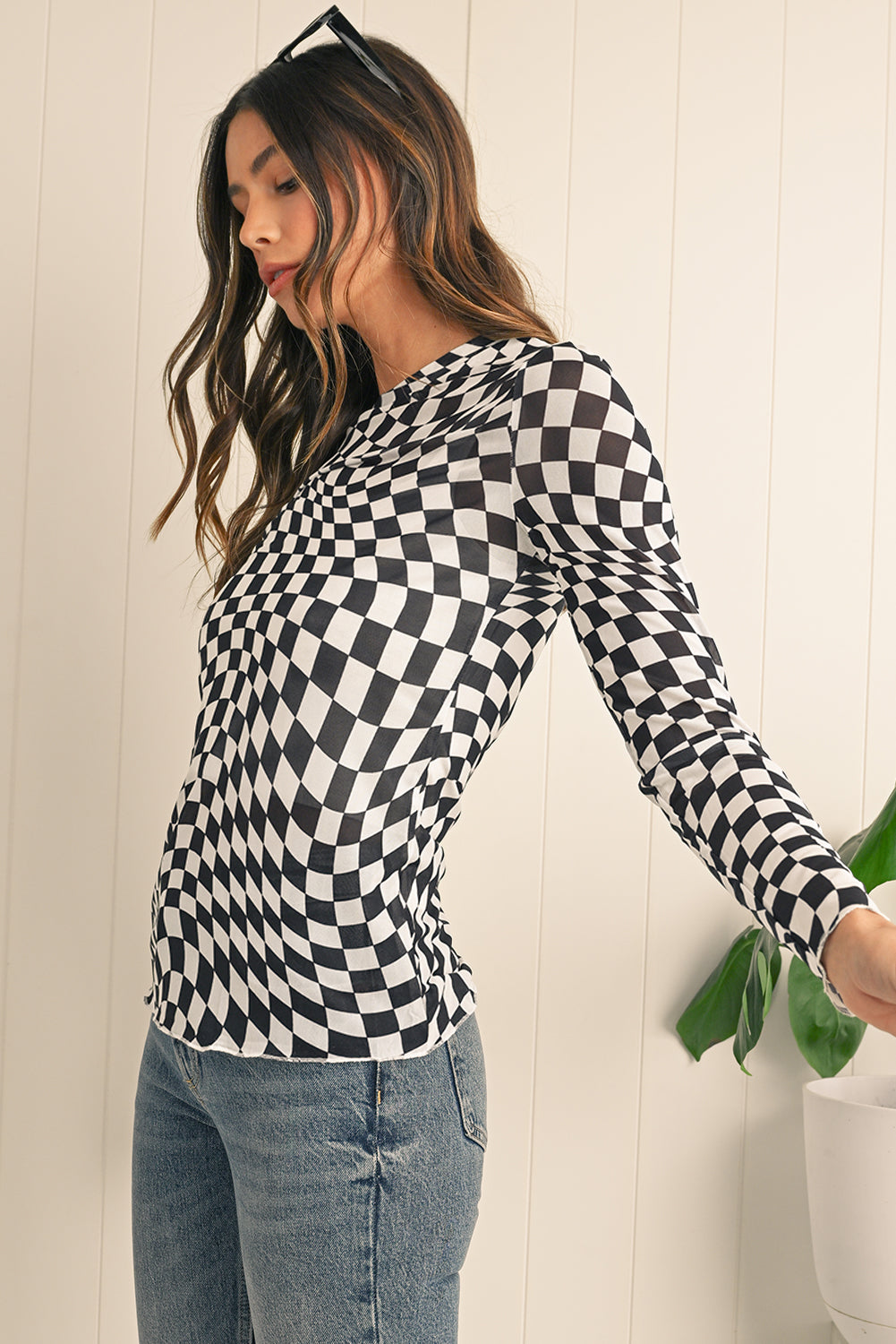 Black Checkered Pattern Mesh Long Sleeve Top aba8a5b29b140ebb