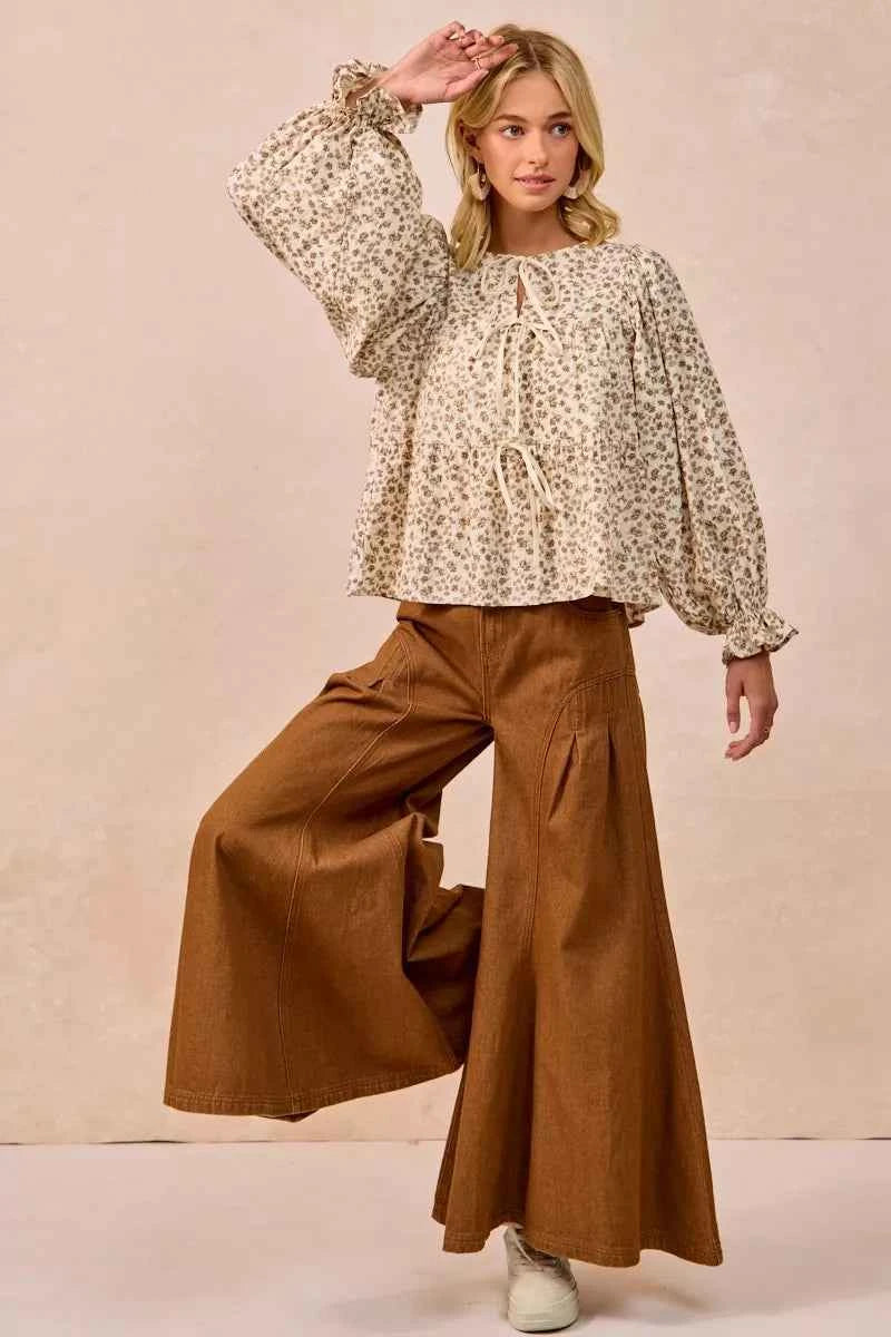 BiBi Floral Printed Peplum Blouse with Shirring and Tied abb7dc17e7fa415b88995864725851ad-Max-Origin