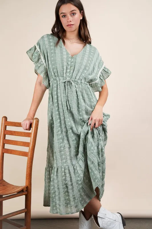 VERY J Embroidered Boho Ruffled Midi Dress Sage abe65d3056b64fd5aba44f53332af267-Max-Origin
