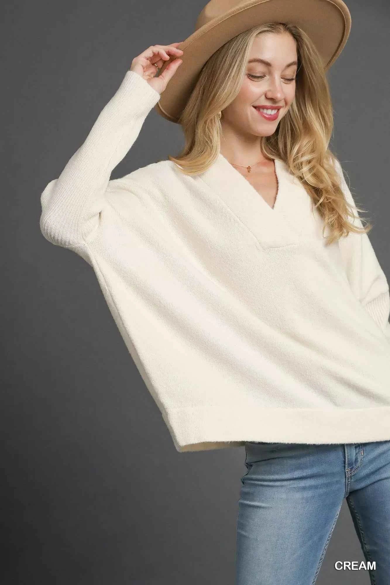 Umgee V-Neck Sweater with Wide Trim Detail Cream abf31349-7bbc-439e-b9dd-1ddbdbe70418-Max-Origin